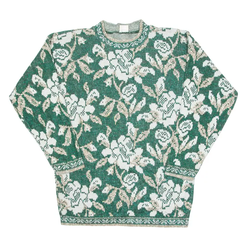 HOLIDAY TIME Glittery Womens Jumper Green Floral Tight Knit M