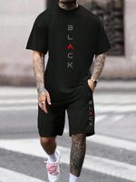 Men's Letter Print Short Sleeve Tee & Drawstring Waist Shorts Set, Regular Fit Round Neck T-shirt & Track Shorts, Casual Summ...