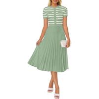 ZESICA Women's Casual Striped Midi Dress Crewneck Short Sleeve Button Ribbed Knit Swing Pleated A Line Dresses Fabric Womensw...