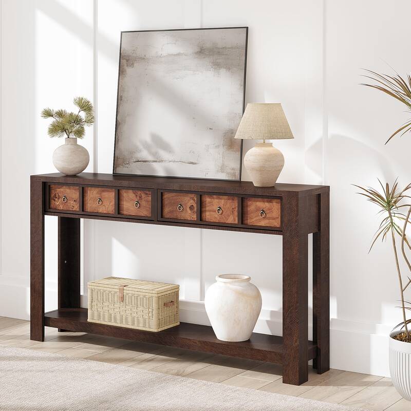 Garvee Farmhouse 59 Wooden Console Table with 2 Drawers and Thickened Legs, Brown & Red