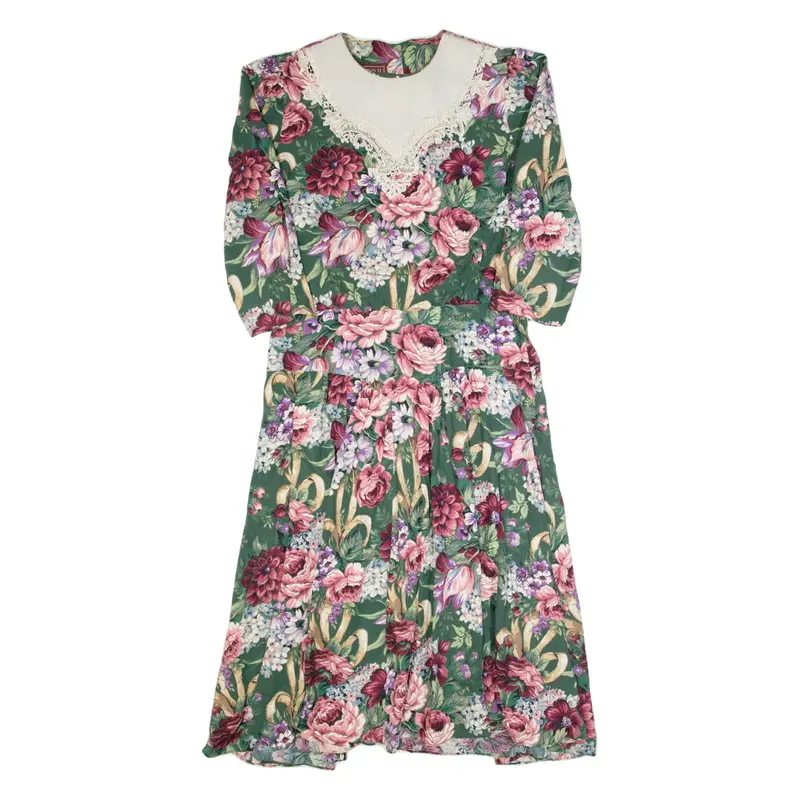 LISA II Womens A-Line Dress Green 90s Floral Long Sleeve Long L
