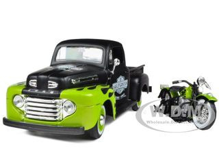 1948 Ford F-1 Pickup Truck Harley Davidson with 1948 Harley Davidson FL Panhead Motorcycle Black and Green 1/24 Diecast Mod...