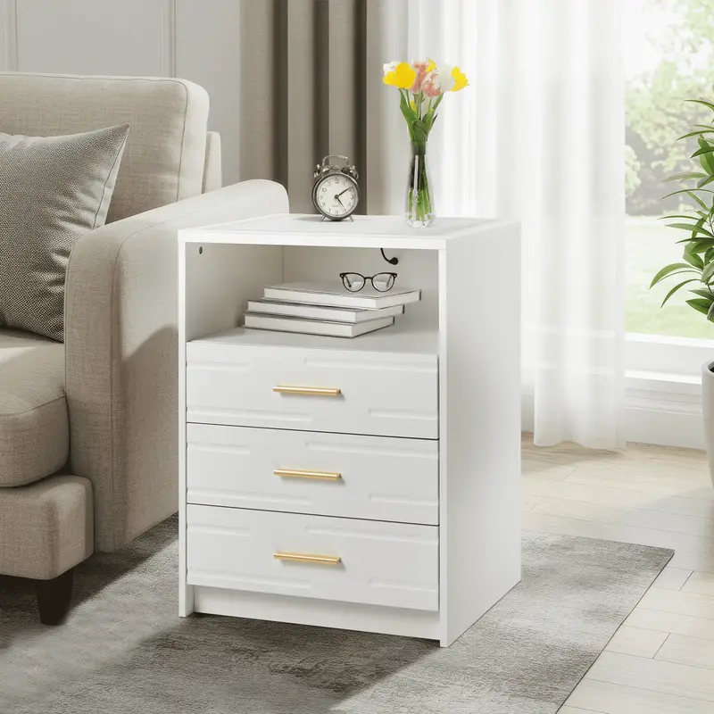 EROMMY LED Nightstand with Wireless Charging, Smart Bedside Table with Drawers & Adjustable LED Lights, Black and Gold Nights...