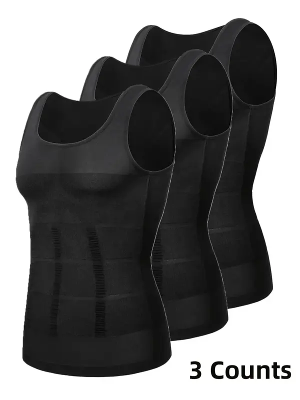 Men's Solid Round Neck Compression Shapewear Tank Top, Basic Sleeveless Tummy Control Shaper, Men's Shapewear for Daily Wear