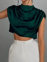 Women's Plain Satin Crop Blouse, Casual Fitted Mock Neck Top for Summer, Women's Clothing for Daily Wear, Summer Tops, Women...