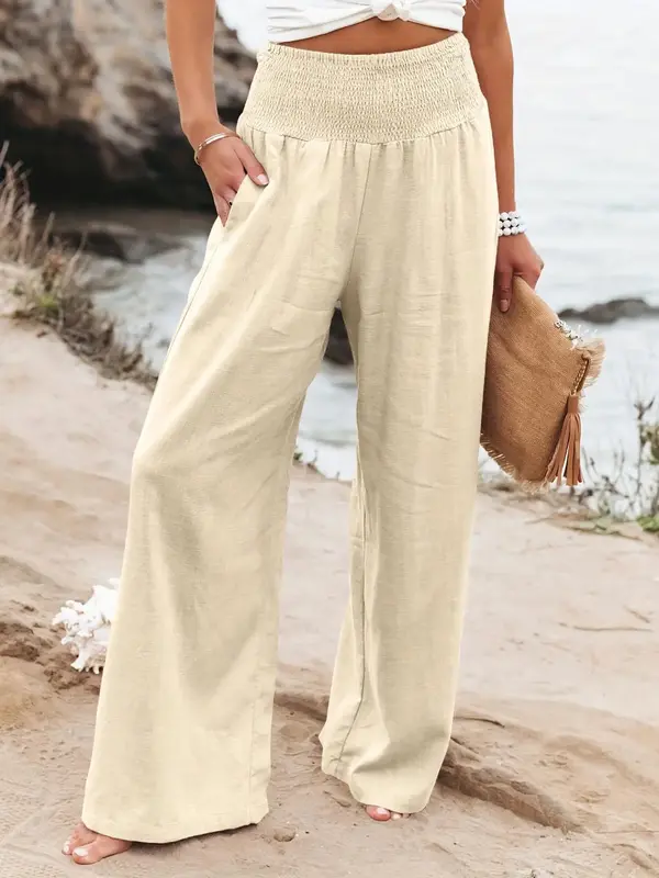 Women's Plain Pocket Shirred Wide Leg Pants, Casual Elastic Waist Trousers for Beach Vacation Holiday, Ladies Bottoms for All...