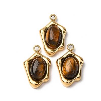 304 Stainless Steel Pave Natural Tiger Eye Irregular Oval Charms