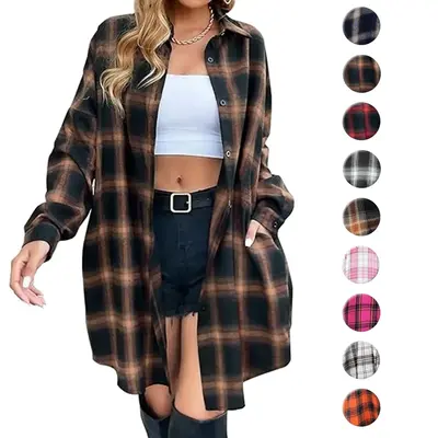 Blooming Jelly Women's Button Down Flannel Shirts Plaid Shacket Long Sleeve Collared Long Jacket Coats  #September Restock Ca...