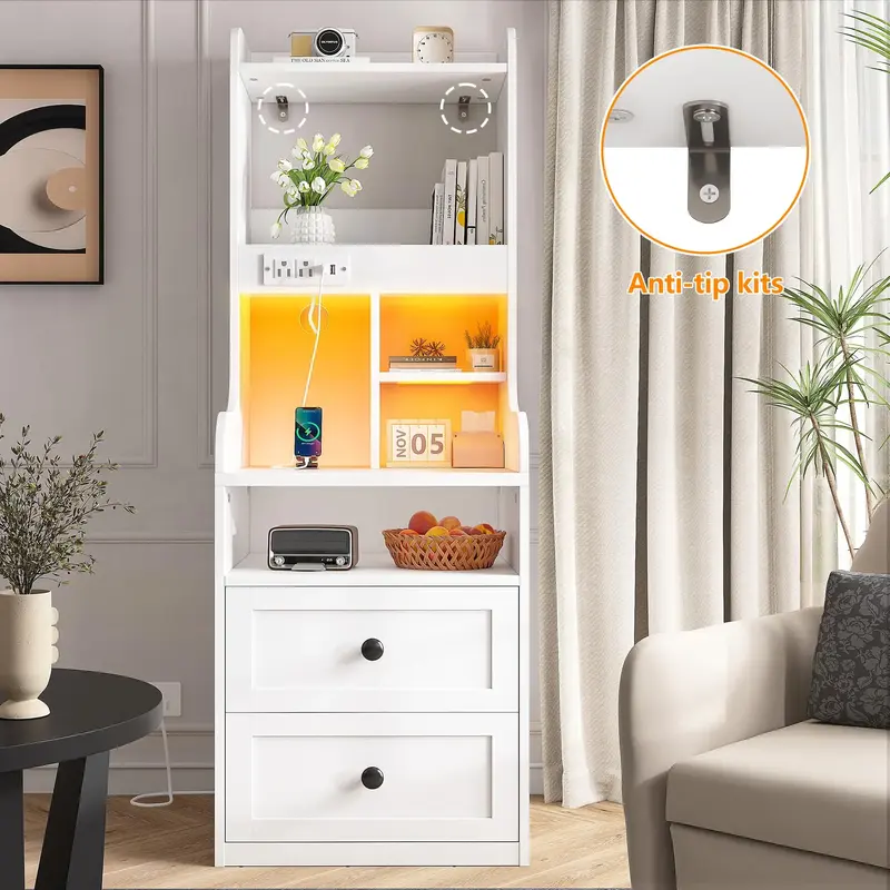 Raybee Furniture Tall Nightstand with Charging Station and LED Lights White Nightstand with 2 Drawers and Shelves Large LED N...