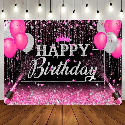 Black Silver Pink Balloons Happy Birthday Backdrop - Aperturee