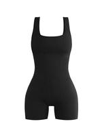 Women's Solid Backless Sports Tummy Control Romper, Fall Outfits, Casual Sporty Square Neck High Waist Bodycon Romper for Yo...
