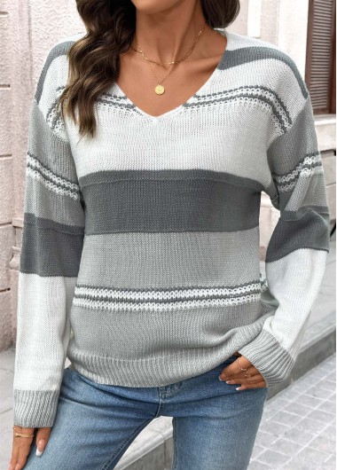 Modlily Grey Tummy Coverage Striped Long Sleeve V Neck Sweater - S