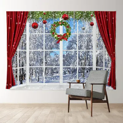 Aperturee Christmas Wreath On The Window Snowy Backdrop
