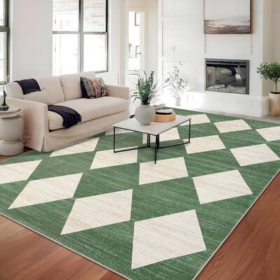 Garvee Plaid Green 8x10 Washable Checkered Rug - Non Slip, Soft Polyester - Distressed Trellis Pattern, TPR Backing - Bedroom...