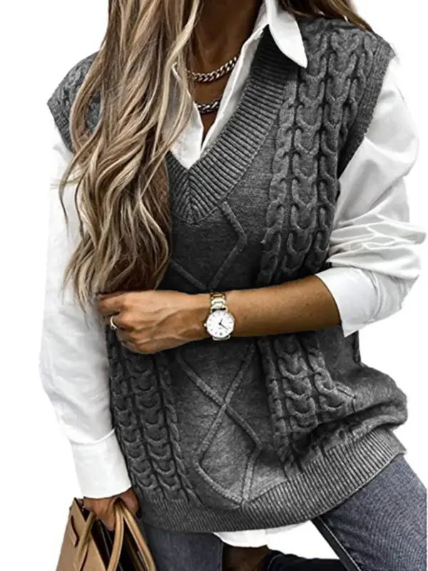 Women's Solid Textured V Neck Sweater Vest, Casual Preppy Cable Knit Pullover for Fall & Winter, Women's Knitwear for Daily W...