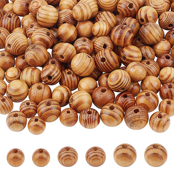 180Pcs 3 Style Round Natural Wood Beads
