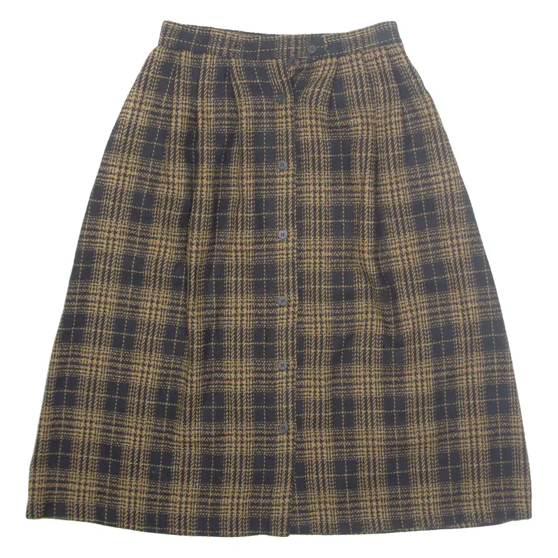 SUMMIT SPORTSWEAR Buttoned Womens A-Line Skirt Brown Midi Wool Check M