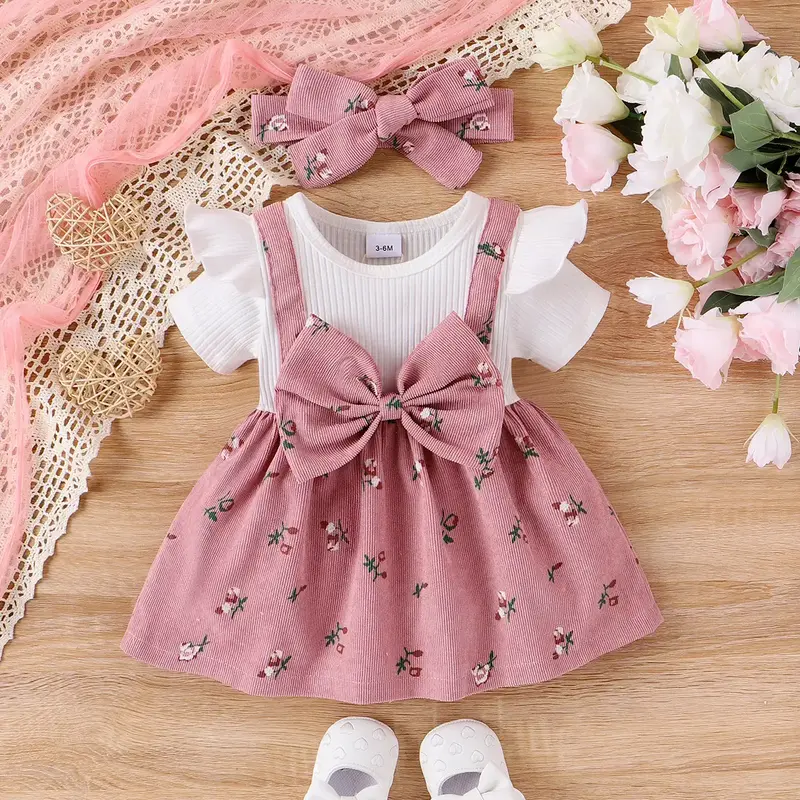 PatPat  Baby Girls Sweet Dress with Flutter Sleeve and Broken Flower Pattern