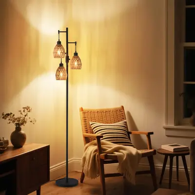 Boho Rattan Floor Lamp, 70'' Dimmable Standing Lamp with cage shade, Vintage farmhouse floor lamp, Corner Floor Lamp, Perfect...