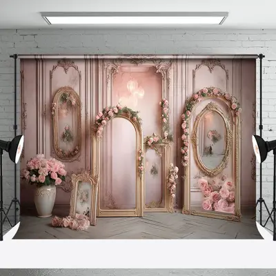 Retro Gold Arch Frame Pink Rose Backdrop For Photo - Aperturee