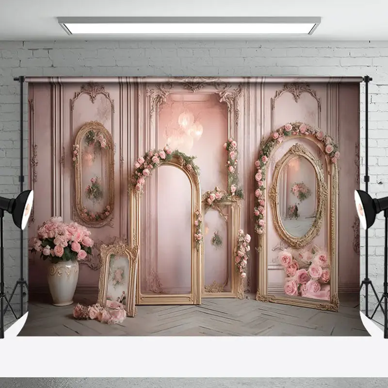 Retro Gold Arch Frame Pink Rose Backdrop For Photo - Aperturee