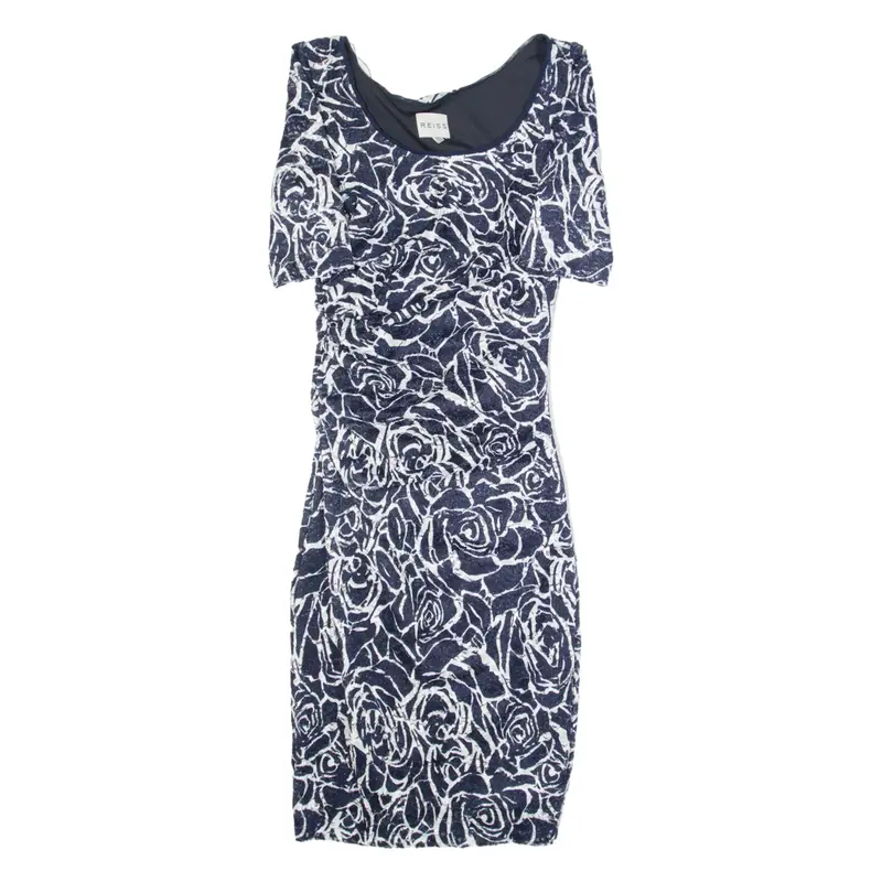REISS Womens Bodycon Dress Blue Floral Short Sleeve Knee Length S