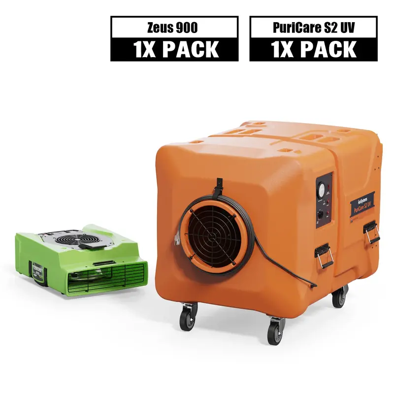Alorair Sanitization & Disinfection Combo Pack, 1 X Zeus 900 Air Mover, 1 X PuriCare S2 UV Air Scrubber - Green