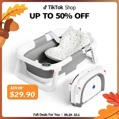Collapsible Baby Bathtub for Infants to Toddler with Real-time Temp Monitor+Floating Cushion,Foldable Baby Bath Tub Set Appli...