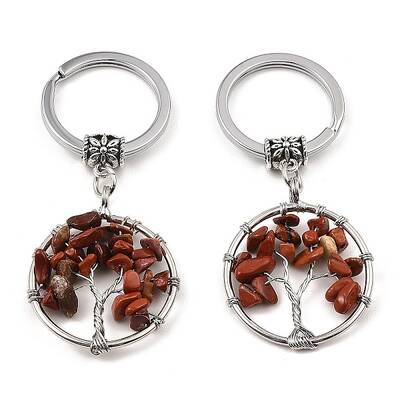 Natural Red Jasper Flat Round with Tree of Life Pendant Keychain