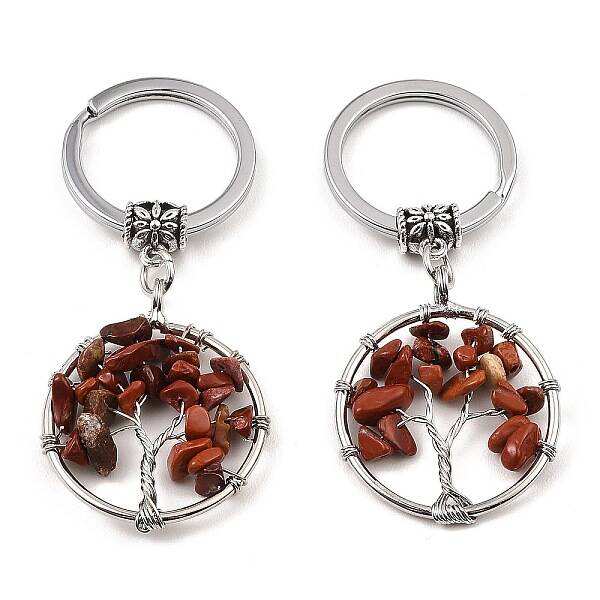 Natural Red Jasper Flat Round with Tree of Life Pendant Keychain