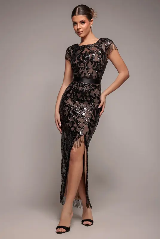 Goddiva Tassel Split Maxi Dress - Black