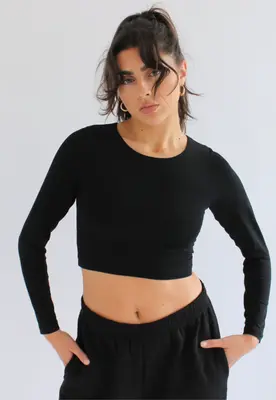 Organic Cotton Crew Long Sleeve Cropped T-Shirt, Black | Size: L