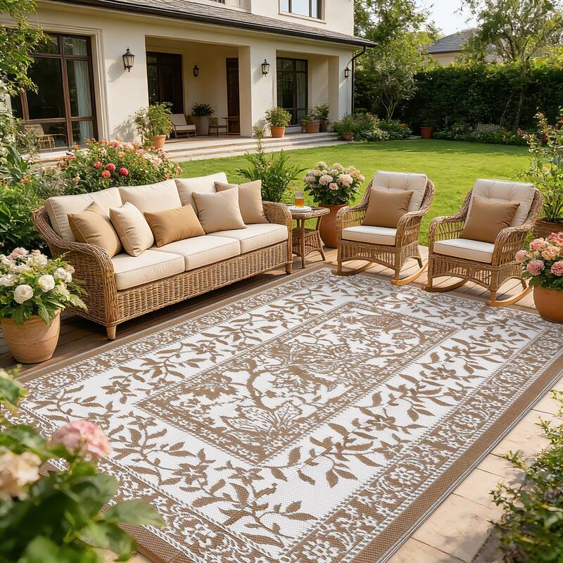 Garvee Reversible Outdoor Rug 8x10ft, Brown/White - Waterproof UV-Resistant Plastic Mat, Easy Clean, Low Pile Portable Carpet...