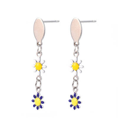 Flower Enamel Long Dangle Stud Earrings