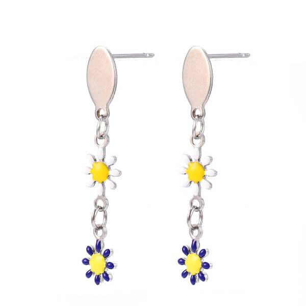 Flower Enamel Long Dangle Stud Earrings