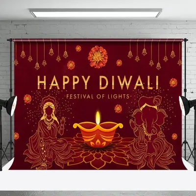 Religious Festive Red Light Happy Diwali Backdrop - Aperturee
