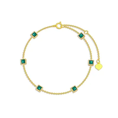 14K Gold Princess-square Shaped Emerald Charm Bracelet
