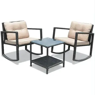 【Costway】 3 Pieces Patio Conversation Bistro Set, Outdoor (Wicker) Furniture Glass Top Table & 2 Rattan Armchairs/Rocking...
