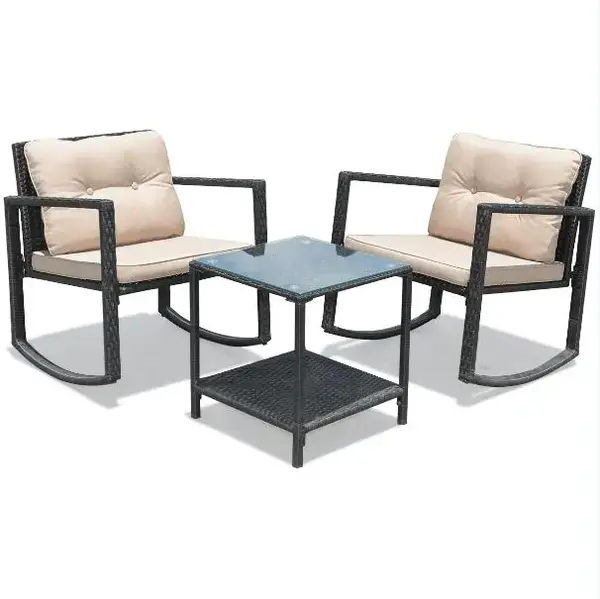【Costway】 3 Pieces Patio Conversation Bistro Set, Outdoor (Wicker) Furniture Glass Top Table & 2 Rattan Armchairs/Rocking...
