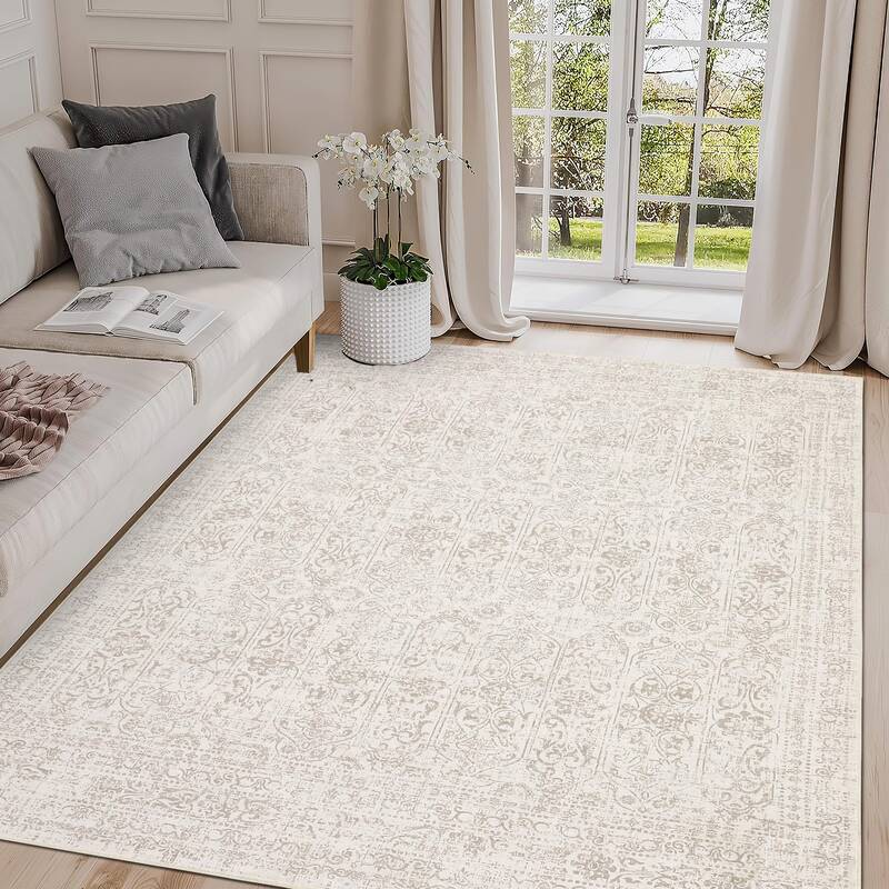 Garvee Washable Area Rug 8x10 Oriental Vintage Floral Rug Non Slip Low Pile Stain Resistant Carpet for Living Room Bedroom Di...