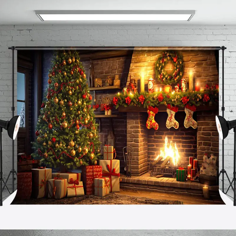 Aperturee Warm Candlelit Brick Fireplace Christmas Backdrop