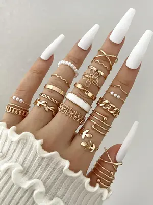 Hollow Out Flower Design Vintage Faux Pearl Unique Rings, 22pcs Summer Rings, Stackable Rings, Summer Jewelry, Fashion Access...
