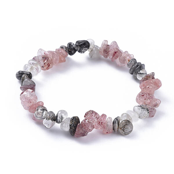 Natural Tourmalinated Quartz/Black Rutilated Quartz & Strawberry Quartz Chip Stretch Bracelets