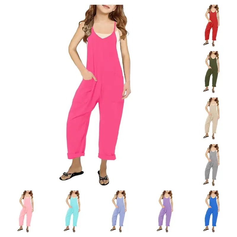 【5-14 Years】Haloumoning  Girls' Casual Sleeveless Jumpsuits Spaghetti Strap Loose Romper Long Pants with Pockets