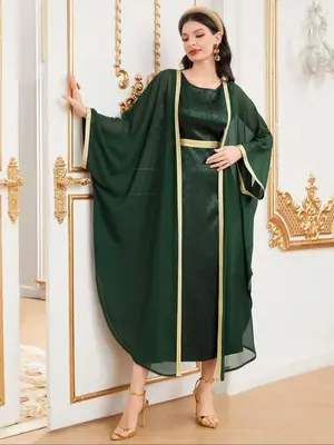 Women's Solid Color Open Front Abaya & Dress Two-piece Set, Elegant Long Sleeve Outerwear & Dress Set for Daily Wear, Ladies ...