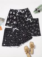 【Plus Size】 All Over Cartoon Print Bow Decor Pajama Shorts, Cute Casual Comfy Elastic Waist Pajama Shorts, Women's N...