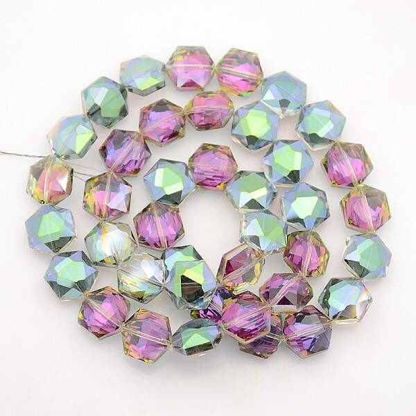 Hexagon Electroplate Full Rainbow Plated Glass Beads Strands