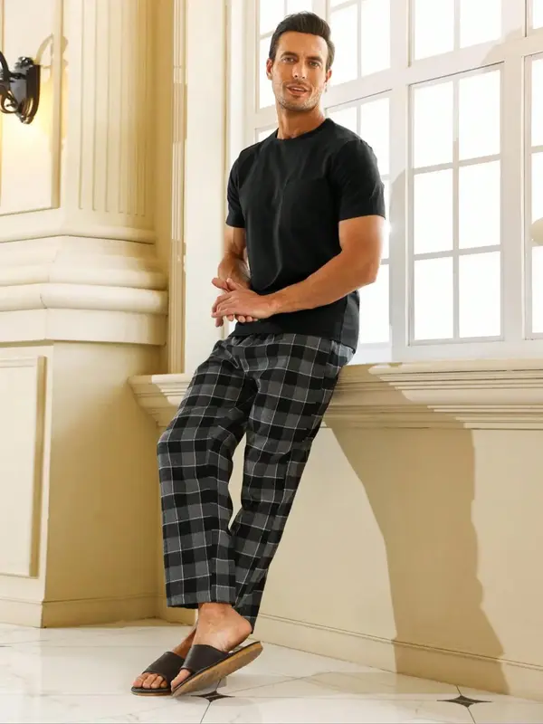 Men's Pocket Plaid Print Pyjama Two-piece Set, Regular Fitted Short Sleeve T-shirt & Elastic Waist Trousers, Men's Sleepwear ...