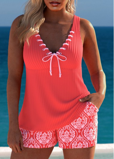 Modlily Drawstring Tribal Print Coral Tankini Set - M
