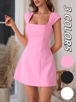 Women's Solid Color Square Neck Short Dress, Chic Casual Fashion Sweet Sleeveless A Line Dress for Party Dating Wear, Ladies ...